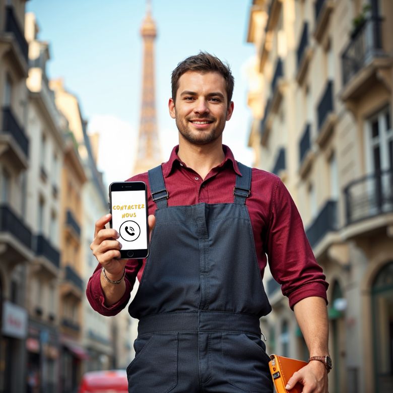Technicien de Les Pros du Store présentant un smartphone devant la Tour Eiffel.
