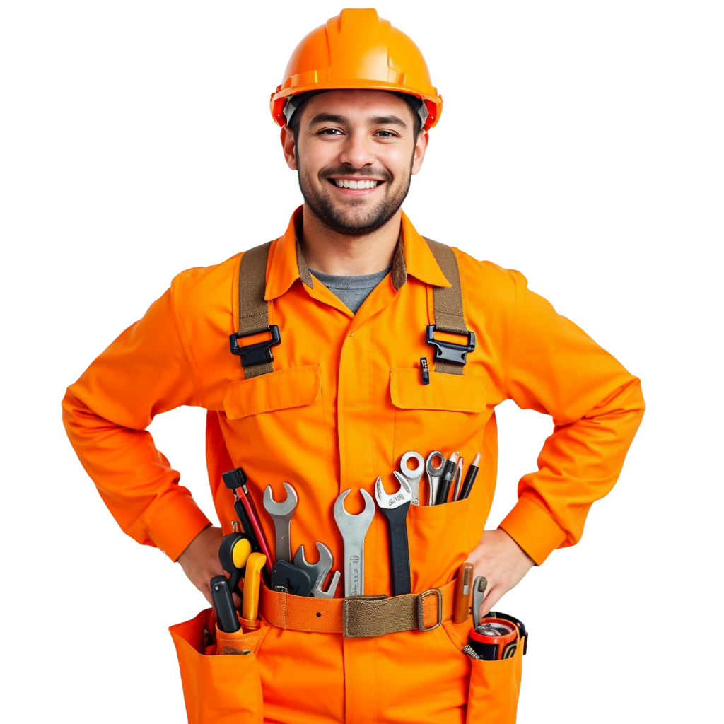 echnicien souriant de Les Pros du Store, équipé d'outils, portant une combinaison orange et un casque de sécurité.