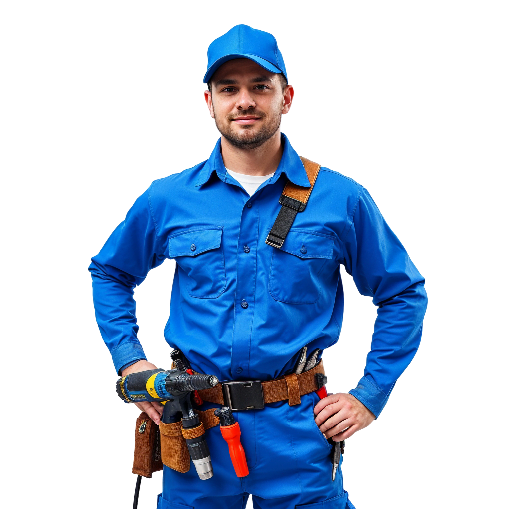 Technicien de Les Pros du Store en uniforme bleu, prêt pour une intervention de réparation ou d'installation de rideaux métalliques.
