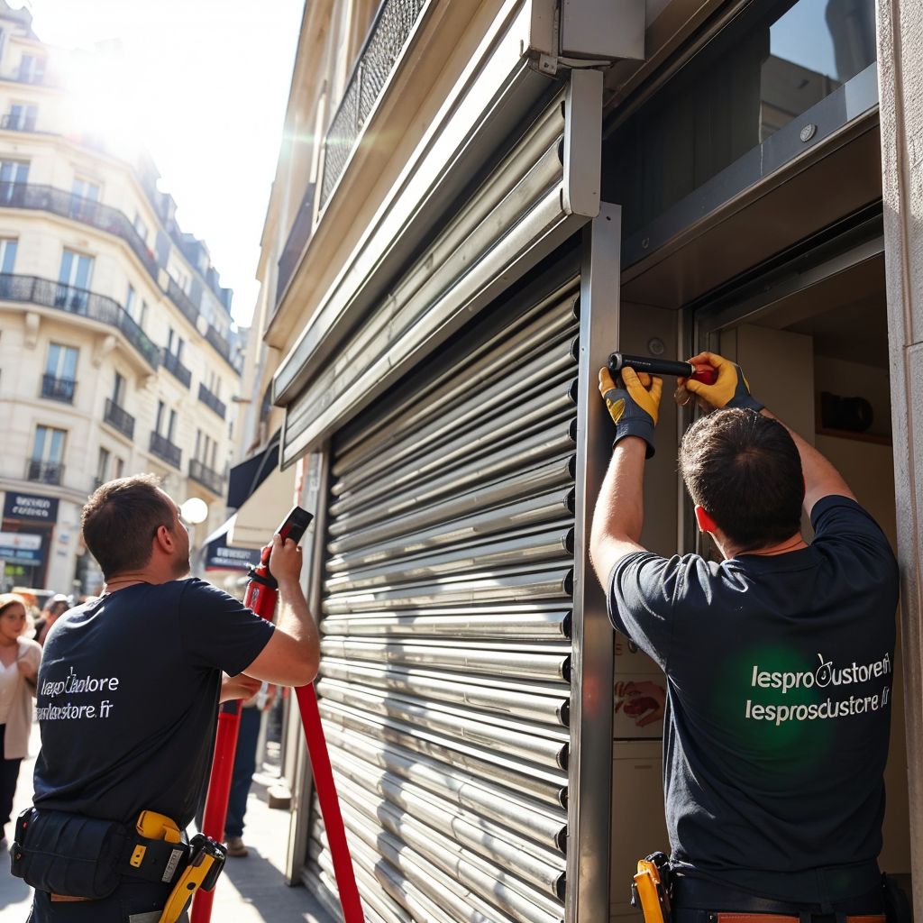 Techniciens de lesprosdustore.fr effectuant une réparation de rideau métallique en France