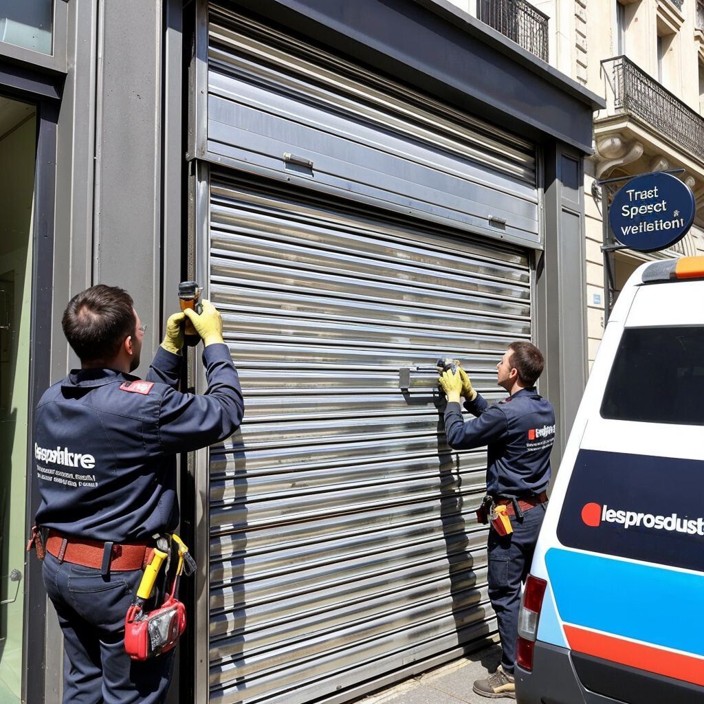 Technicien installant un rideau métallique pour un opticien